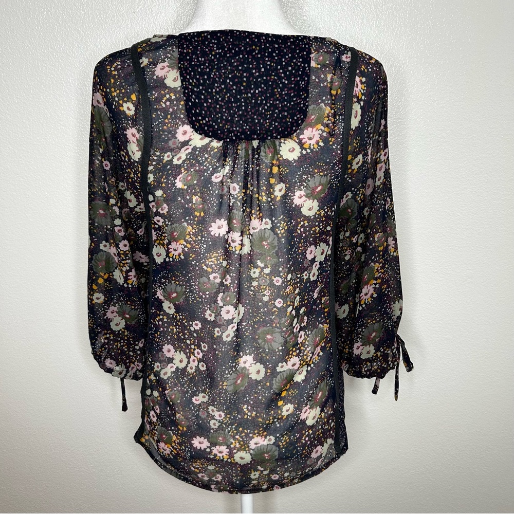 ZARA Womens Navy Blue Floral Chiffon Front Tie Top Balloon Sleeve Size XS/ S - Picture 7 of 10